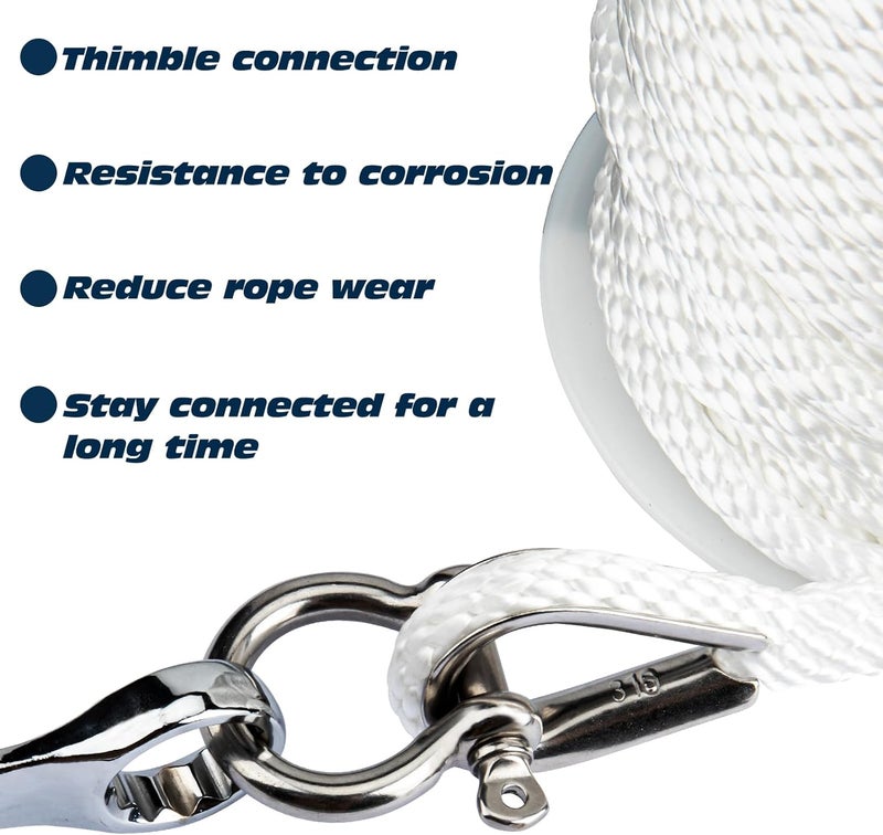 PropelTech Anchor Rope Braided Anchor Line(White, 3/8" x 100') Premium Solid Braid MFP Boat Rope with Stainless Steel Thimble & Shackle, Quality Marine Line, Boat Accessories - Image 4